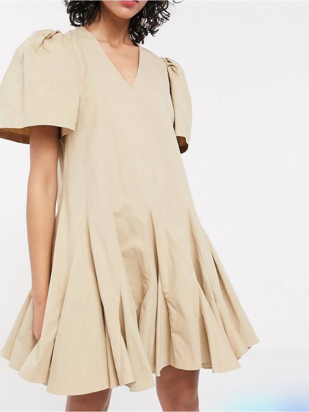 Simonett Amika pleated puff sleeve mini dress in beige Size: XS